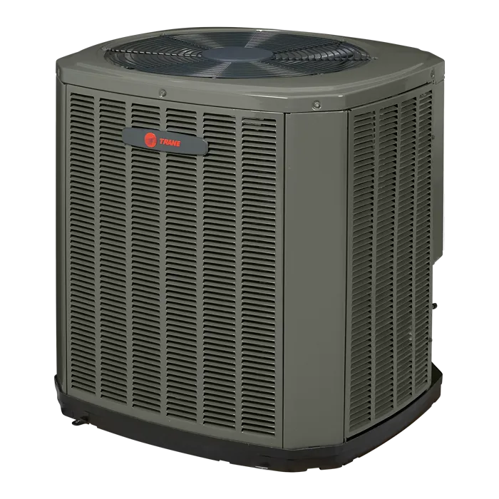 Trane outdoor air conditioning condenser unit, gray residential HVAC compressor with top fan and louvered panels