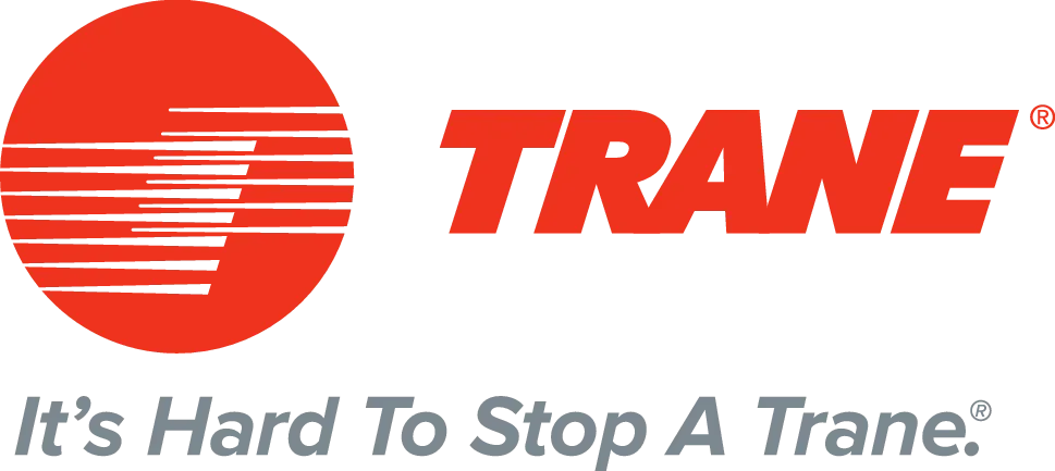 Trane logo: red striped circle with bold red TRANE wordmark and gray tagline It's Hard To Stop A Trane